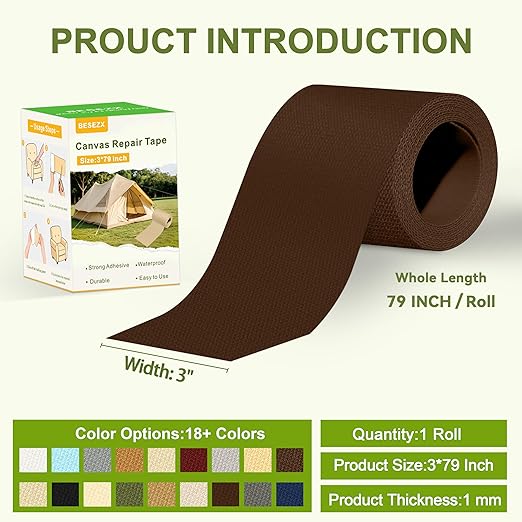 Besezx Canvas Repair Tape,Outdoor Gear Patch, 3x79 Inches,Waterproof Self-Adhesive Fabric Repair Tape for Repairing Boat Covers,Sun Shades,Sofas,Tents,Lounge Chairs,Awnings (Dark Brown)
