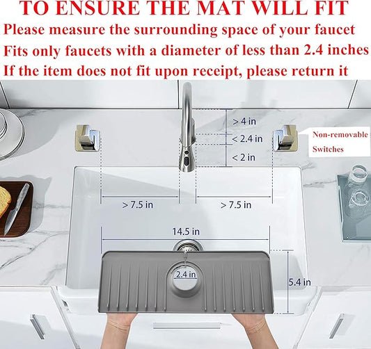 YATOISUR Sink Splash Guard 14.4” x 5.4” - Sink Faucet Mat with Faucet Water Catcher Mat & Soap Dish & Sponge Holder 3 in 1 - Silicone Faucet Handle Drip Catcher Tray for Kitchen RV & Bar Faucet, Grey