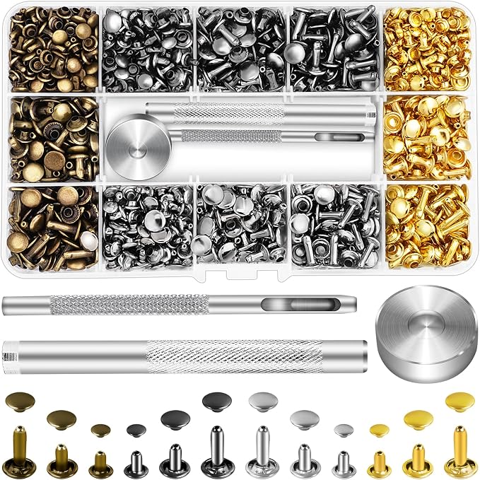Jetmore 480 Pack Leather Rivets, Brass Rivets for Fabric, Leather Rivet Kit, Double Cap Rivet for DIY Leather Craft, Hats, Purse, Shoes, Bag, Remaches para Cuero