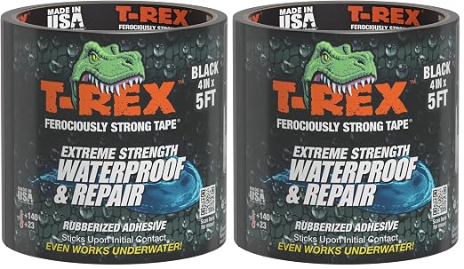 T-REX Heavy Duty Waterproof and Repair Tape for Wet or Rough/Dirty Surfaces Including Underwater, Leaks and More, 4" x 5', Black, 1-Roll (285987) (Pack of 2)