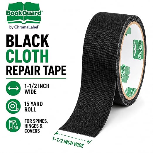 BookGuard Black Bookbinding Tape, 1-1/2 Inch x 15 Yards, 13 Mil Vinyl-Coated Cotton Cloth Book Repair Tape for Book Spine Repair, Library Books, School Books, Hymnals and Bibles