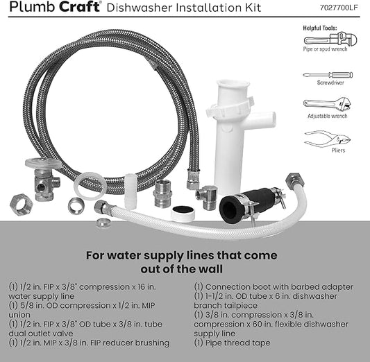 Waxman PlumbCraft White Dishwasher Installation Kit 7027700LF, Dishwasher Parts and Accessories Including Dishwasher Drain Hose, Dishwasher Water Supply Line, Compressions, and More