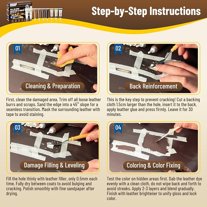Kenbry Leather Repair Kit, Vinyl Repair Kit for Car Seat, Couch & Furniture, Leather Filler & Scratch Repair for Auto Interior, Leather & Vinyl Restoration