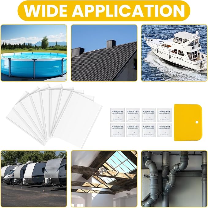 Repair Patch Kit 8 Pcs RV Roof Tapes White 4 x 6 Inches RV Repair Sealant Tapes with Wipes & Scraper Set for Stop Camper Roof Leaks Weatherproof Waterproof for Camper Trailer Boat