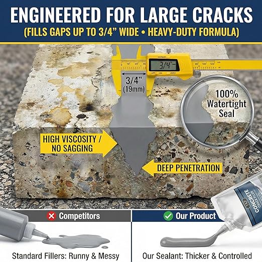 YKF Concrete Crack Filler 4-Pack (4.4 lbs) - Self-Leveling Liquid Cement Sealant for Driveways & Garage Floors - Waterproof, High Elasticity Bulk Repair Kit - Gray