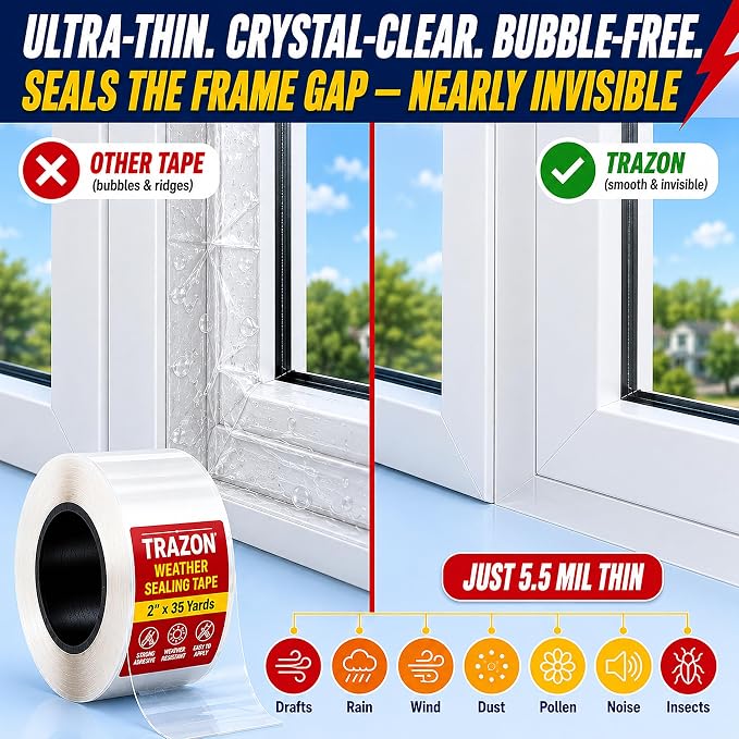 Window Weather Sealing Tape, 2" x 35 Yards Ultra-Clear Insulation Tape - Residue-Free Weather Stripping for Windows, Doors & AC Units, Blocks Drafts, Waterproof & Windproof, All-Season