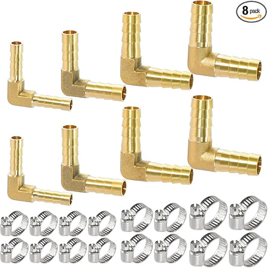 Brass Hose 90 Degree L Right Angle elbow Barb 1/4" 5/16" 3/8" 1/2" Splicer Mender Assortment Kits with Stainless Steel Pipe Clamps air hose repair kit for Gas/Fuel/Air