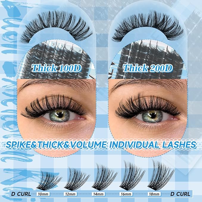 KEVKEV Lash Clusters Kit 231Pcs Volume Lash Clusters Thick Lash Extension Kit 100D+200D Individual Lashes With Lash Bond and Seal Tweezers For DIY Lashes (0.05D,10-18mm)