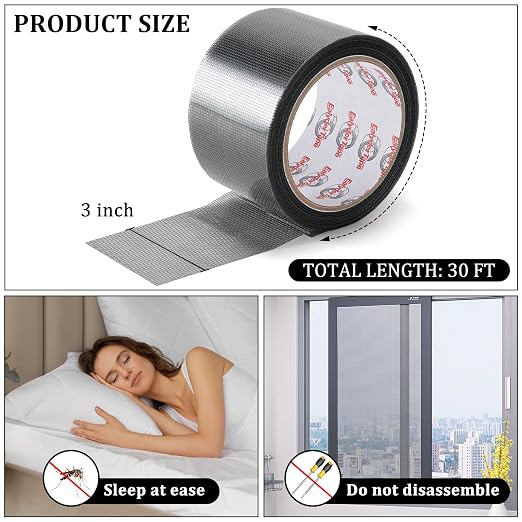 3″ X 30 FT Black Window Screen Repair Tape, Strong Adhesive Fiberglass Mesh Patch for Window & Door Screen Tears