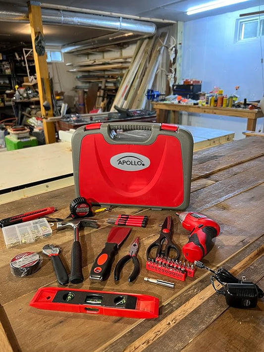 Apollo Tools 135 Piece Household Tool Set with Pivoting Dual-Angle 3.6 Volt Lithium-Ion Cordless Screwdriver – Includes Most-Needed Tool Selection and Hanging Assortment- Red - DT0773
