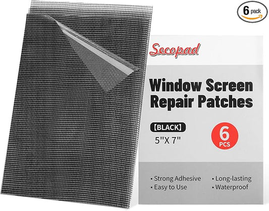 Secopad 5" x 7" Black/Grey Screen Repair Kit, 6 PCS Window Screen Patch Repair Tape for Mesh Window Door, Strong Adhesive Fiberglass Mesh Pacth Tape