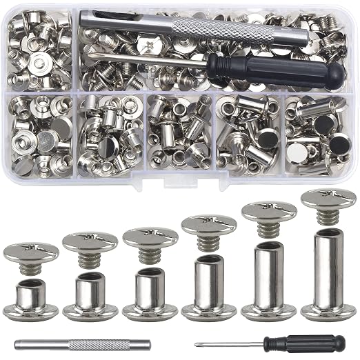 YORANYO 110Sets Chicago Screws Leather Rivets Assorted Screw Rivets Chicago Binding Screws for Decorate and Repair Leather Craft Belt Bag Shoes Purse Bookbinding (Silver, M5*4,5,6,8,10,12)