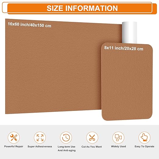 Cahomo Self-Adhesive Leather Repair Patches Tape for Couches - 8x11 inch, Vinyl & Leather Repair Kit for Furniture, Car Seats, Handbags, Jackets - Light Brown