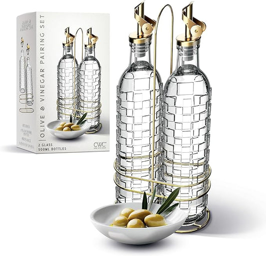 COOK WITH COLOR Glass Olive Oil Bottle Dispenser - 2 Pack- 17oz Oil and Vinegar Cruet - Olive Oil Carafe Decanter for Kitchen, Checkered, Clear