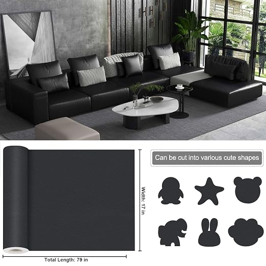 Leather Patches for Furniture,17X79inch Self Adhesive Leather Repair Patch,Leather Repair kit for Furniture,Couch,Car Seat,Motorcycle seat,Loveseat (Matte Black-Litchi Grain, 17X79 inch)