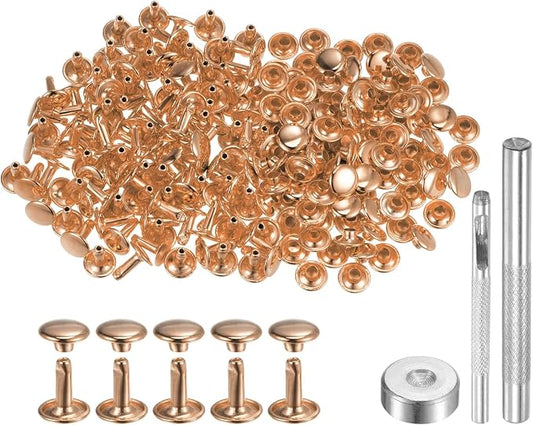 HARFINGTON 100 Sets Leather Rivets 10 x 9mm Metal Double Cap Rivet Snaps Studs Fasteners with 3pcs Setting Tools for Leather Craft DIY Repair Decoration, Light Gold Tone
