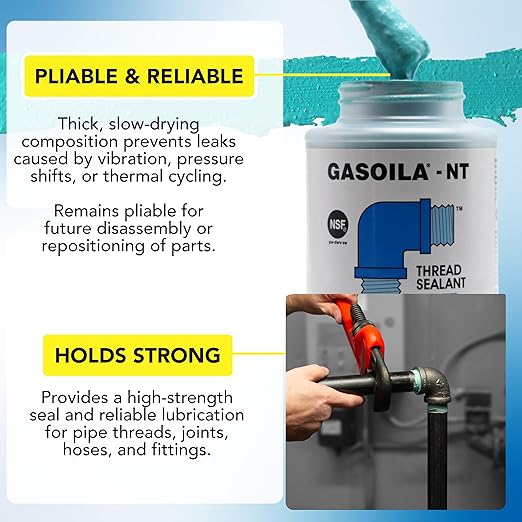 Gasoila NT Pipe Thread Sealant, High-Performance Leak Protection, NSF, Made in USA, Free of PFAS, 1/2 Pint Brush-in-Cap, -50°F to 400°F, for Metal & Plastic, Seals to 6,000 PSI