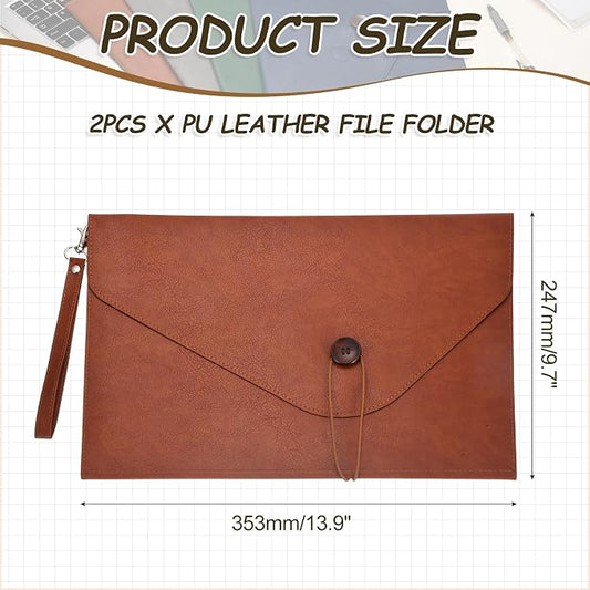 PATIKIL 2Pcs Leather Folder, 14x10 Leather Document Holder File Folder PU Pouch Bag Portfolio File Organizer Handbag Button Personal Envelope Waterproof for Traveling Men Gift, Brown
