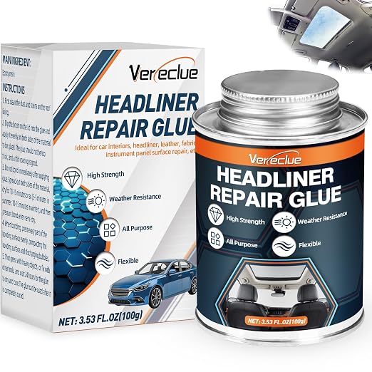 Headliner Repair Glue - Car Headliner Adhesive with Brush, Upholstery Glue for Cars, Headliner Repair Kit, Car Roof Liner Fabric Adhesive Ideal for Automotive interiors, Leather (3.53, Fluid Ounces)