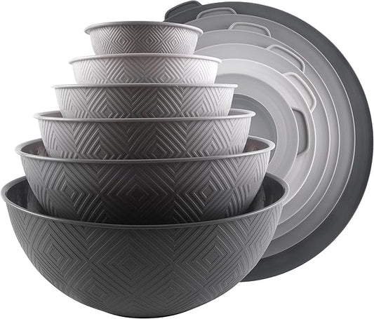 COOK WITH COLOR Mixing Bowls with Lids - 12 Piece Plastic Nesting Bowls Set includes 6 Prep Bowls and 6 Lids, Microwave Safe Mixing Bowl Set, Grey Rhombus