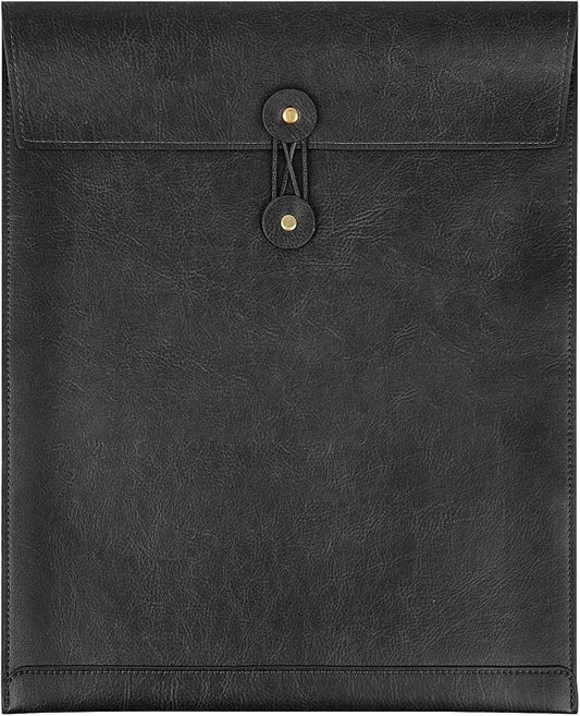 Black PU Leather File Folder for Documents,Important Document Folder with String Tie,Laptop Sleeve Notebook Case,Leather File Organizer, A4 Envelopes Filing Folder