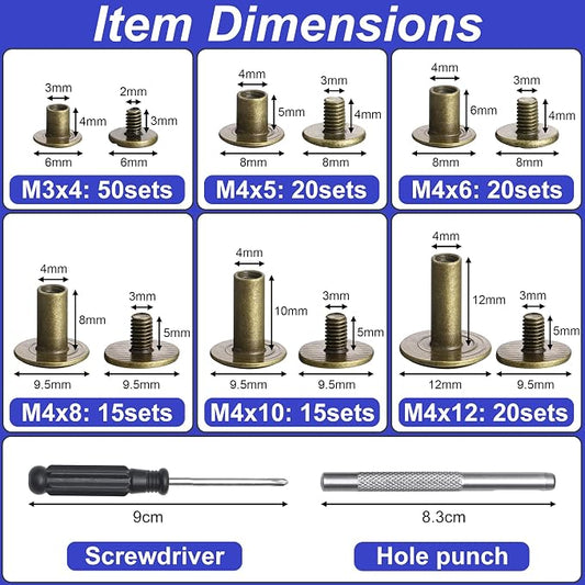 YORANYO 140 Sets Chicago Screws Leather Rivets Kit for Fabric Leather Crafting 6 Sizes Chicago Binding Screws for Decorate and Repair Belt Bag Shoes Purse Pet Collar Clothing Bookbinding (Bronze)