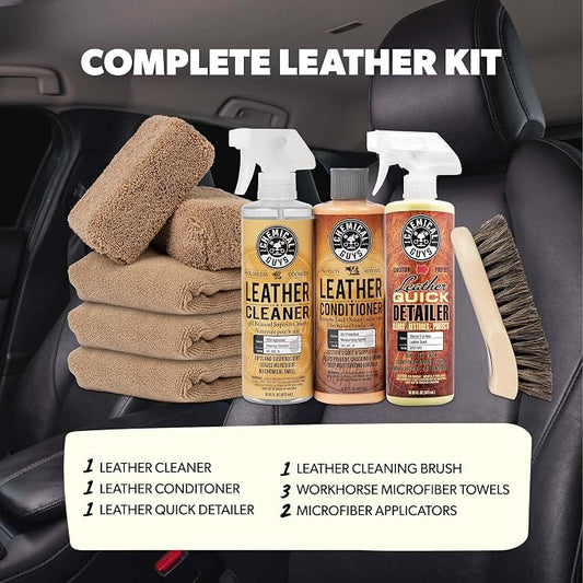 Chemical Guys Leather Cleaner and Conditioner Detailing Kit - Leather Care Kit For Natural, Synthetic, Faux, Pleather, and More for Car Interiors, Apparel, Furniture, Boots & Accessories - 9 Items