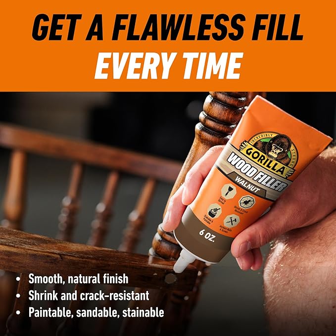 Gorilla All Purpose Wood Filler, Walnut Color, 6 Ounce Tube (Pack of 1) - Water Resistant for Indoor or Outdoor Projects and Repairs