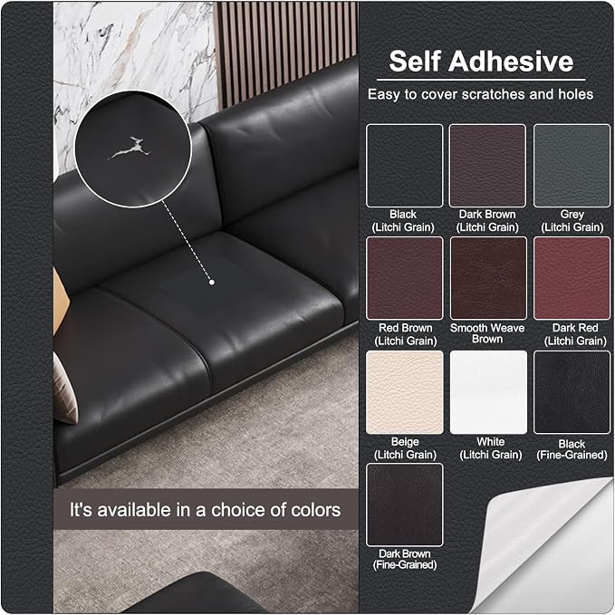 Self Adhesive Leather Repair Patch, Leather Patches for Furniture, Leather Repair Tape for Couch Sofa Car Seat Chair Furniture Repair, Leather Repair Kit (Black-Litchi Grain, 17X79 Inch)
