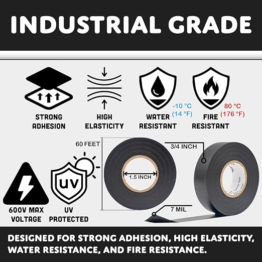 TradeGear White 1 Pack - UL Listed Colored Electrical Tape, 60 ft x 3/4 in, 600V, Flame Retardant, Waterproof, Rubber Adhesive - Phase Marking, Wire ID, Automotive