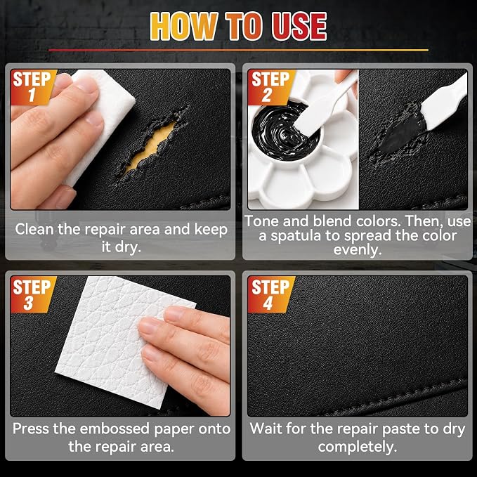 Black Leather Repair Kit, Vinyl Repair Kit Repairs Scratches, Cracks, Holes on Car Interiors, Furniture, Jacket, Sofa, Car Seat, Couch, Purse, Faux, Genuine Leather with Super Easy Instructions