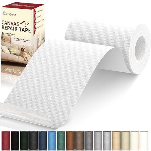 Cahomo Canvas Repair Tape 4x70 inch, Self Adhesive Canvas Fabric Tape, Canvas Fabric Patch Tape Kit, Fabric Repair Tape for Canvas Sofas, Headboards, Chairs, Curtains - White