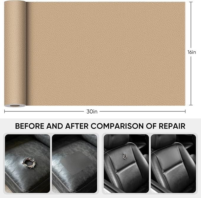 Leather Repair Tape,16 x 30 Inches Self Adhesive Leather Repair Patch，Leather Repair Kit for Furniture，Couches,Car Seats,Cabinets,Handbags(Pink Beige)