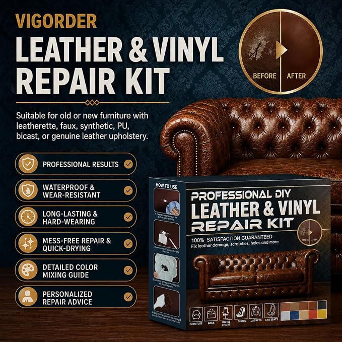 Vigorder Leather Repair Kit for Furniture, Vinyl Repair Kit for Car Interior, Sofa, Purse and Jacket, Restore Any Material with Super Easy Instructions to Fix Scratches, Tears, Holes, Peeling