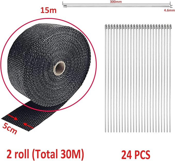 Deecam Exhaust Heat Wrap, 2 Roll 2'' x 50' Exhaust Header Wrap, Black Fireglass Heat Tape for Motorcycle Manifold Pipe Heat Shield with 24 Stainless Steel Ties