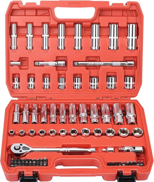 Egofine 3/8" Drive Socket Set, 76 PCS Ratchet Wrenches Set, Standard and Deep Metric (8 to 19mm)/SAE (5/16 to 3/4 inch) Size, with 72-Tooth Ratchet for Auto Repairing and Household, with Storage Case
