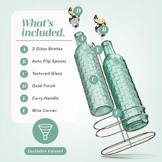 COOK WITH COLOR Glass Olive Oil Bottle Dispenser - 2 Pack- 17oz Oil and Vinegar Cruet - Olive Oil Carafe Decanter for Kitchen, Checkered, Green