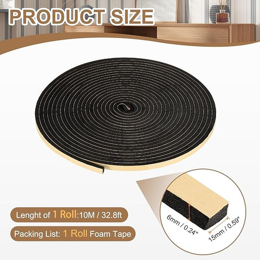 PATIKIL Foam Insulation Tape, 5/8" W x 1/4" t x 32.8FT Self Adhesive Weather Stripping Door Seal Strip for Door Window Air Conditioning, Black