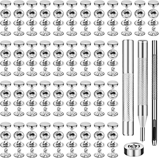 TLKKUE 50 Sets Leather Snap Fasteners Kit 10mm Silver Metal Snap Buttons kit Stainless Steel with 4pcs Snap Fastener Installation Tools for Sewing Clothing, Bracelets, Jackets, Bags Belt, DIY Crafts