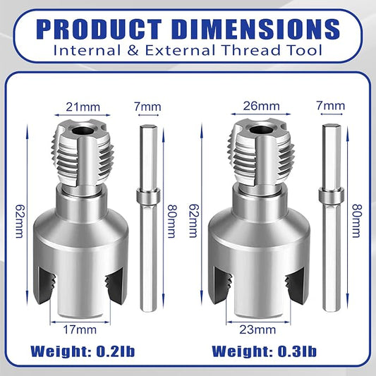 2-in-1 PVC Pipe Threader Kit with 1/2" & 3/4" Dies - Complete Dual Function Internal & External Threading Set Includes PTFE Tape & Gloves, Drill Compatible for DIY Plumbing & Home Repairs