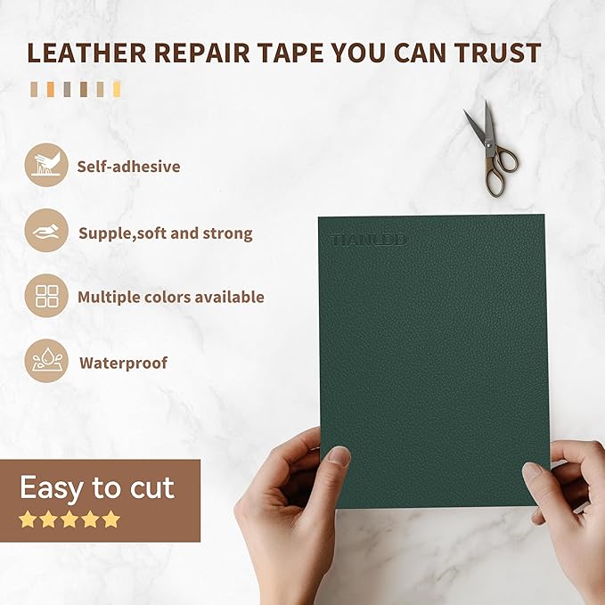 TIANLDD Leather Repair Tape,3.5 x 80 Inches Self Adhesive Leather Repair Patch，Leather Repair Kit for Furniture，Couches,Car Seats,Cabinets,Handbags(Dark Green-Litchi Grain)
