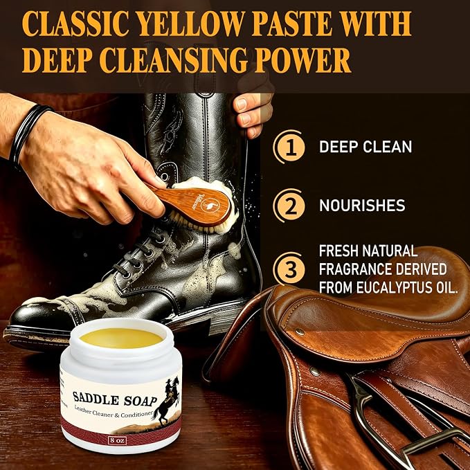 Yellow Saddle Soap 8oz, Natural Leather Cleaner and Conditioner, Soften, Protect and Restore Leather, Leather Cleaner for Boots, Shoes, Purses, Handbags, Car Seats, Couches and Saddles
