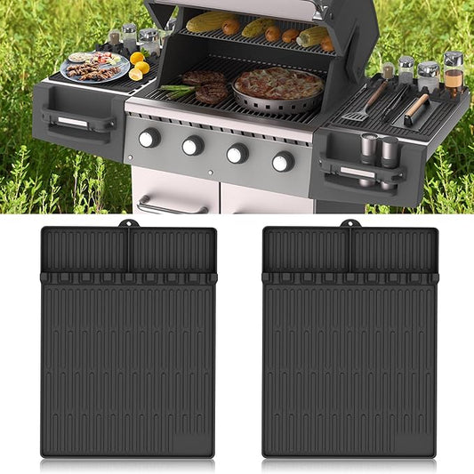 Silicone Grill Mat Compatible with Blackstone, BBQ Griddle Tools Mat with Drip Pad, Large Spatula Holder for Outdoor Kitchen Counter, Gifts for Men (Black)