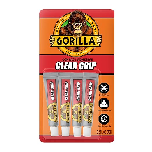 Gorilla Clear Grip Waterproof Contact Adhesive Minis, Four .2 Ounce Tubes, Clear, (Pack of 1)