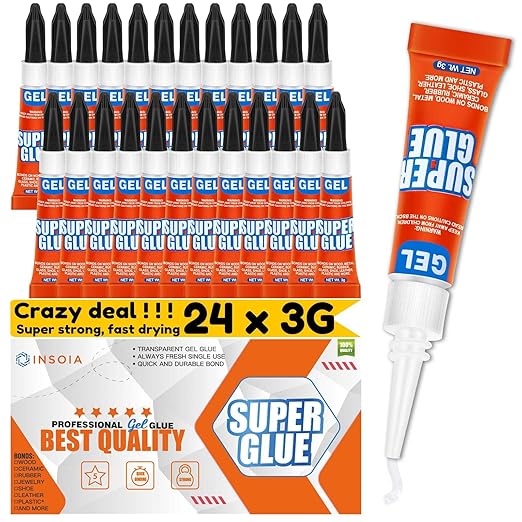 Super Glue Gel Clear Non-Drip, 24 X 3g All Purpose Strong Adhesive Ca Glue Quick Dry Instant Glue for Plastic, Metal, Ceramic, Shoe, Wood, Leather, Model, Aquarium, Rhinestone, Jewelry and DIY Crafts