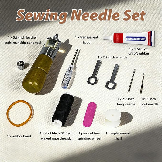 AACGIN 10pcs Sewing Awl Kit with Shoe Repair Adhesive, Professional Leathercraft Sewing Tool with Waxed Thread for Shoes, Leather Bags & Thick Fabric DIY
