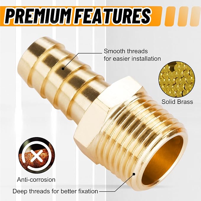 22Pcs Brass Hose Fittings, 3/8" Barb to 1/4" NPT, 1/4" Barb to 1/4" NPT Male, 1/8" 1/4" 3/8" 1/2" Barbed Air Hose Kit with 44Pcs Pipe Hose Clamps