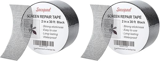 Secopad Black Window Screen Repair Tape, 2 in X 30 FT (360IN) Screen Repair Kit for Windows or Doors, Strong Adhesive Fiberglass Mesh Patch Tape (Pack of 2)