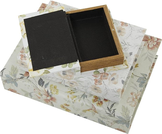 Deco 79 Canvas Decorative Box Faux Storage Book Book Shaped Boxes with Pink and Blue Floral Patterns, Set of 3 Decorative Keepsake Boxes 12", 9", 6"H, White
