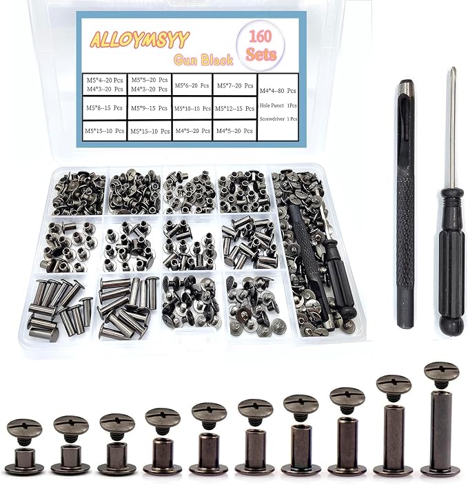 160Sets Chicago Screws with Hole Puncher and Screwdriver Leather Rivet Assorted，10 Sizes of Screw Rivets Chicago Screws for Decorate and Repair Leather Craft Belt Bag Shoes Purse Bookbinding